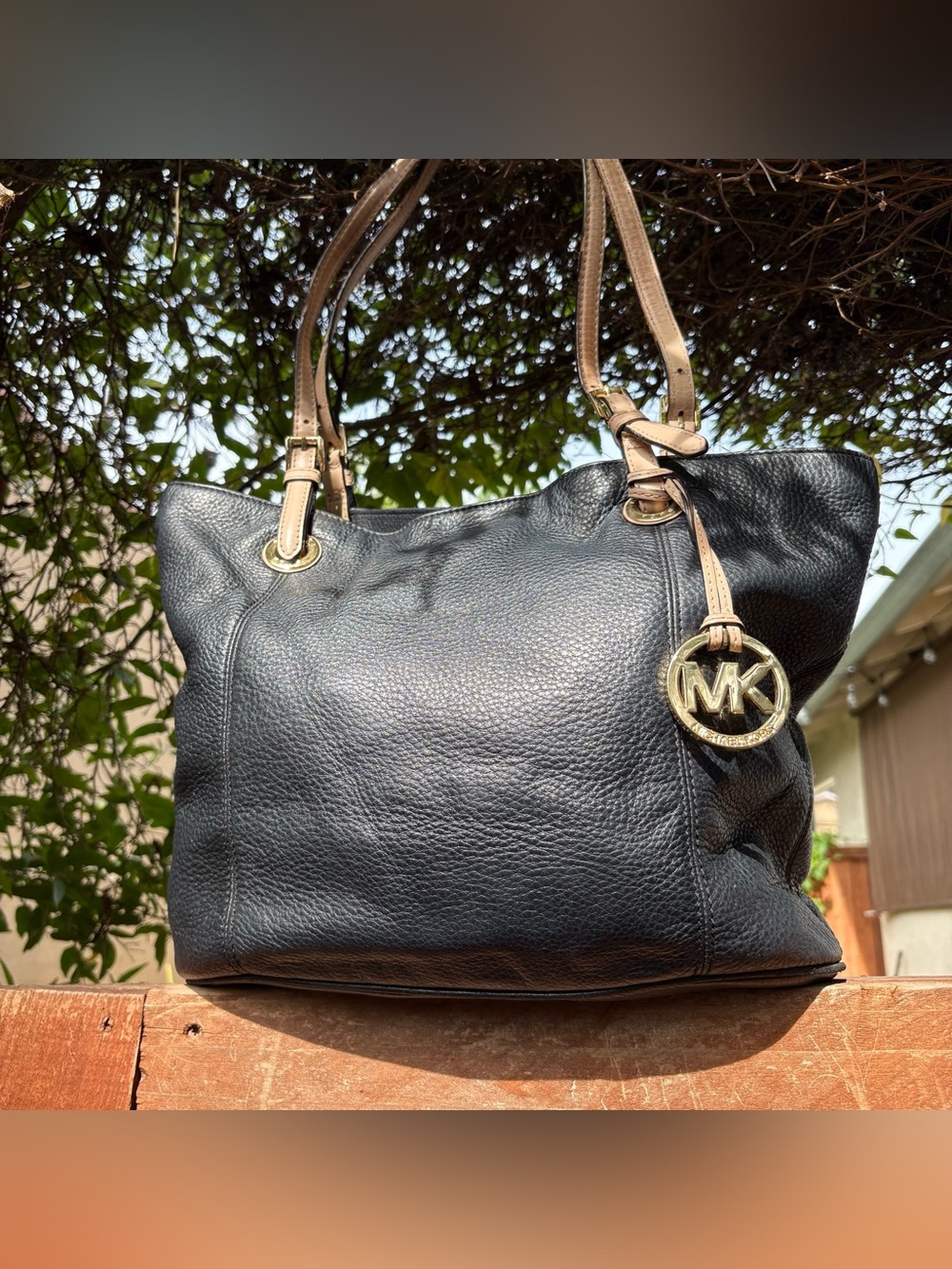 Michael Kors Pebbled Black Leather Tote with Tan Straps and Gold MK Charm